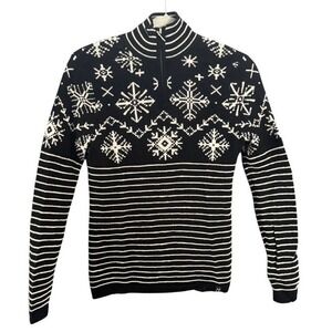 Neve Wool Snowflake Fair Isle 1/4 Zip Pullover Sweater Black White Size S